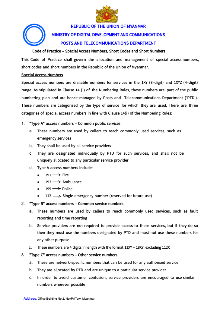 Code of Practice Requirements for Special Access Numbers, Short Codes and Short Numbers