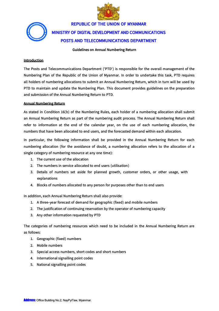Guidelines on Annual Numbering Returns