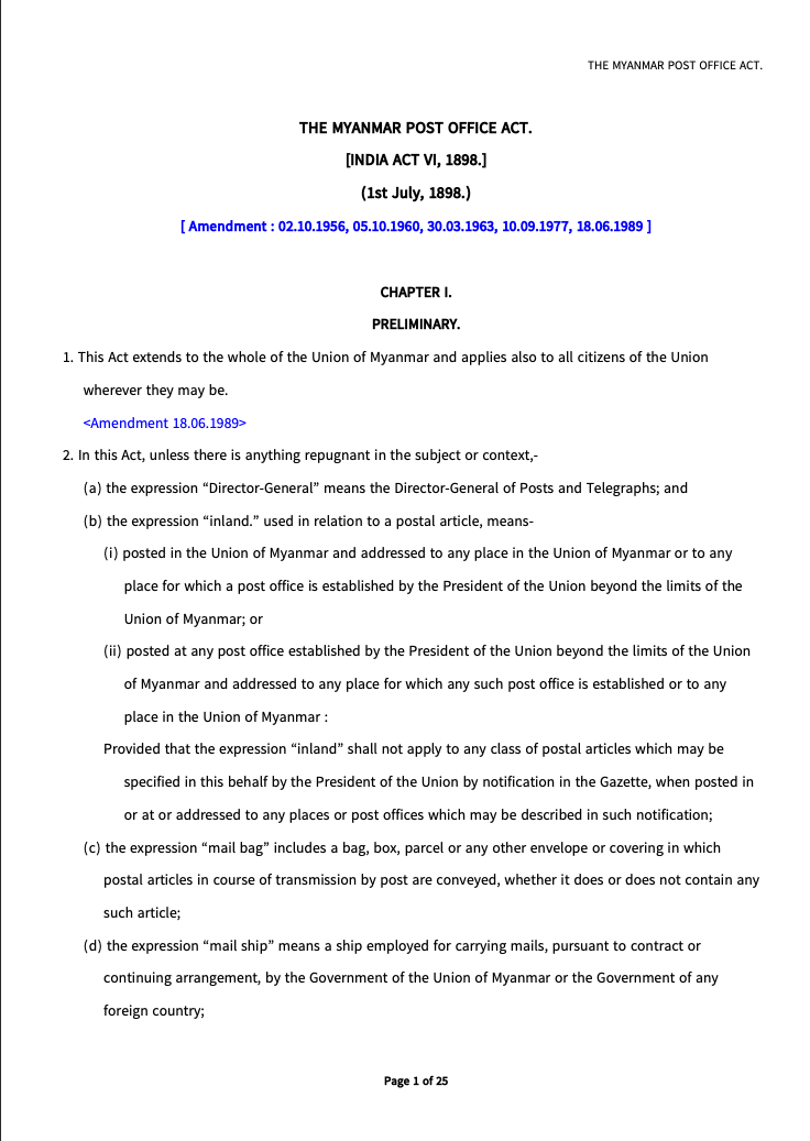 The Myanmar Post Office Act